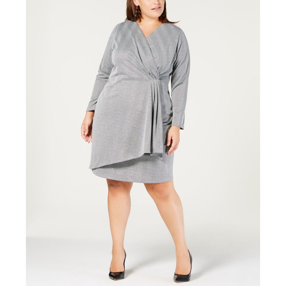 NY Collection Womens Plus Metallic Surplice Wrap Dress,Silver/Black,1X
